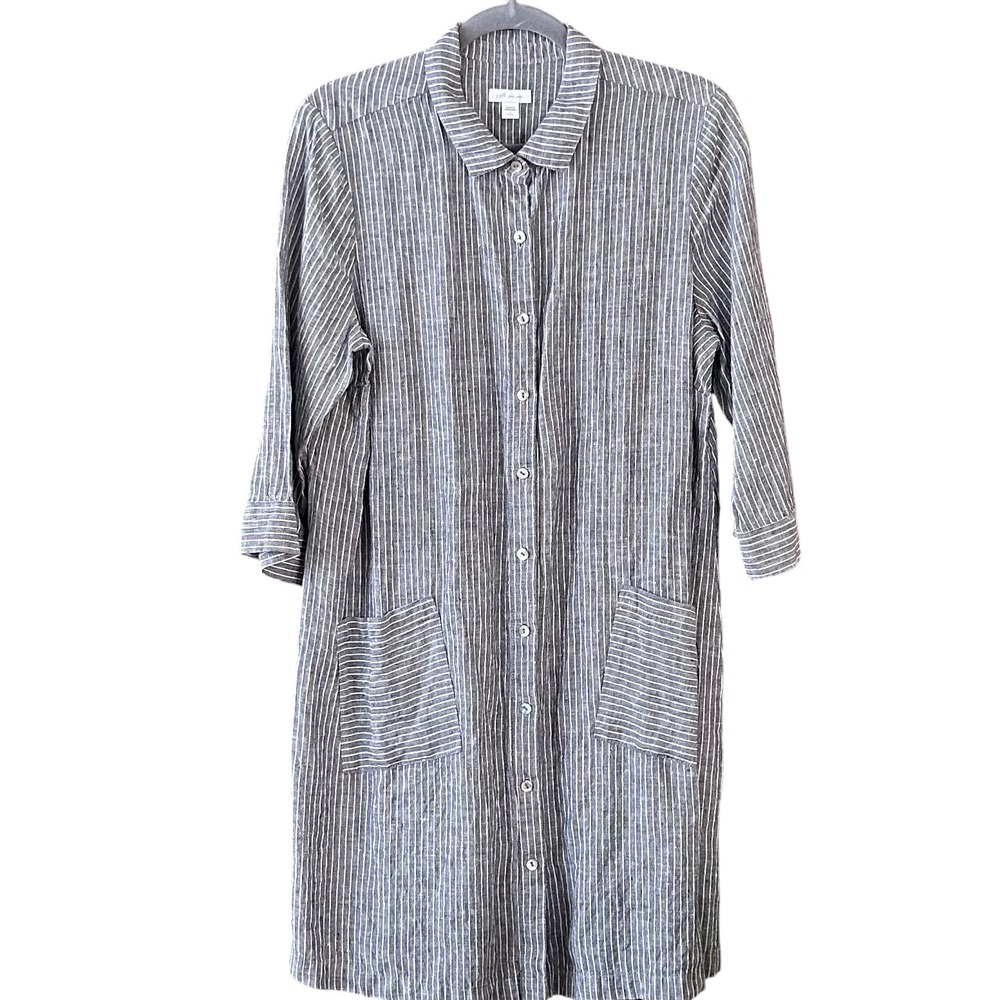 J Jill Love‎ Linen Striped Shirt Dress Duster Lagonlook Gray White Petite L